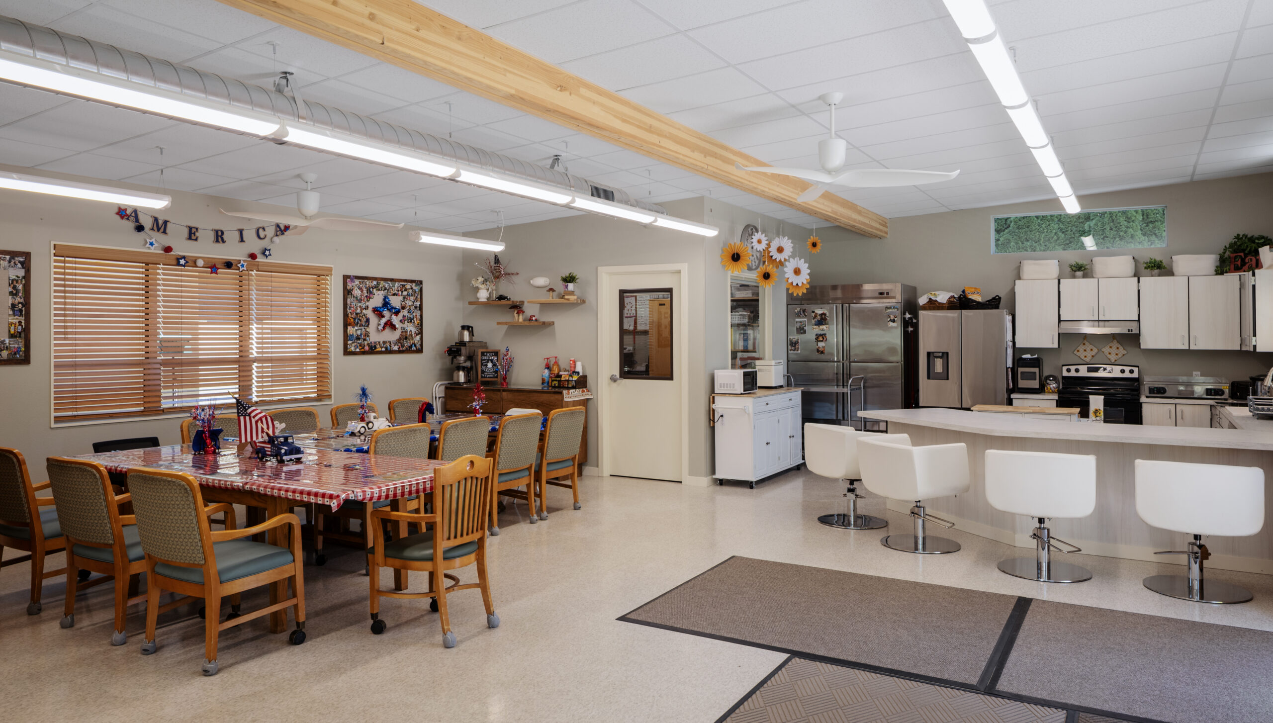 Welcoming interior space inside the Sunshine Club modular facility designed for dementia respite care and daily activities