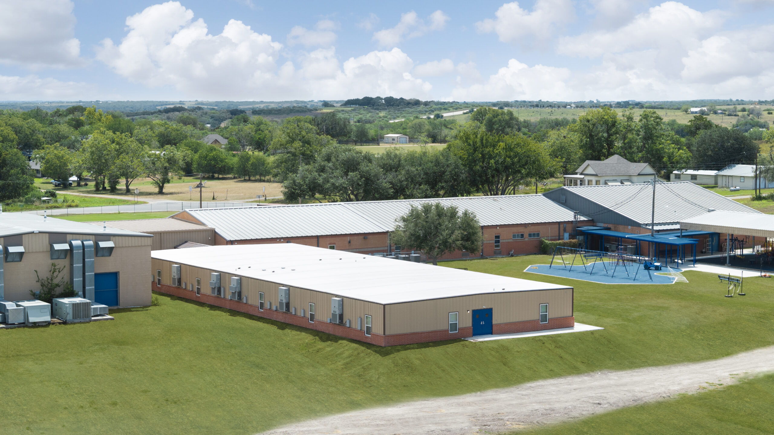 Completed modular school building delivered by Pacific Mobile Structures for Westhoff ISD