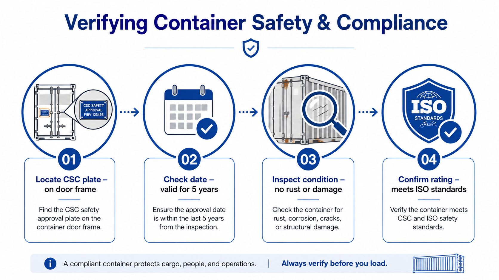 A step-by-step infographic illustrating the process of verifying shipping container safety, compliance, and structural integrity standards.