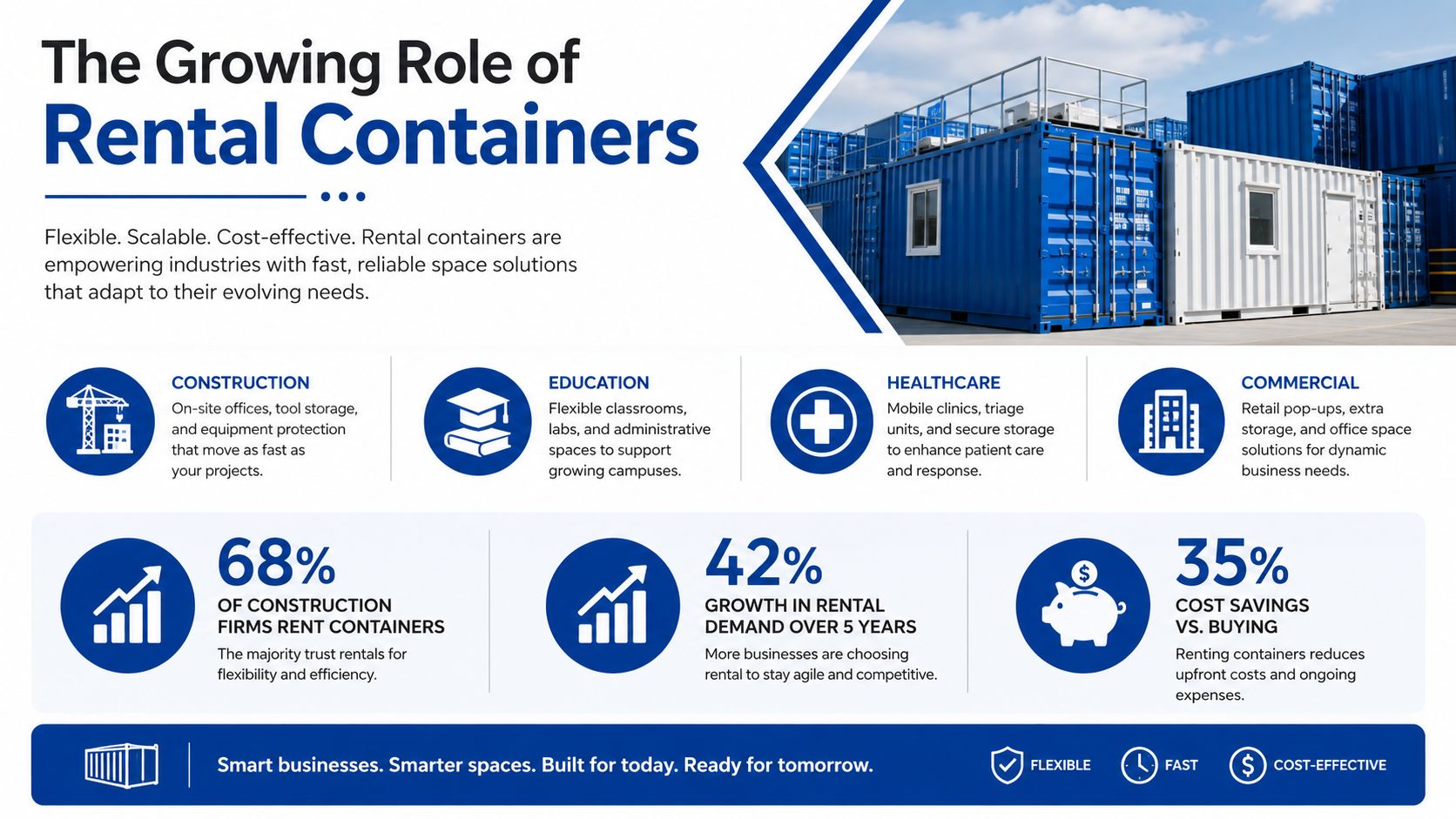 An infographic titled The Growing Role of Rental Containers highlighting benefits for construction, education, healthcare, and commercial sectors.