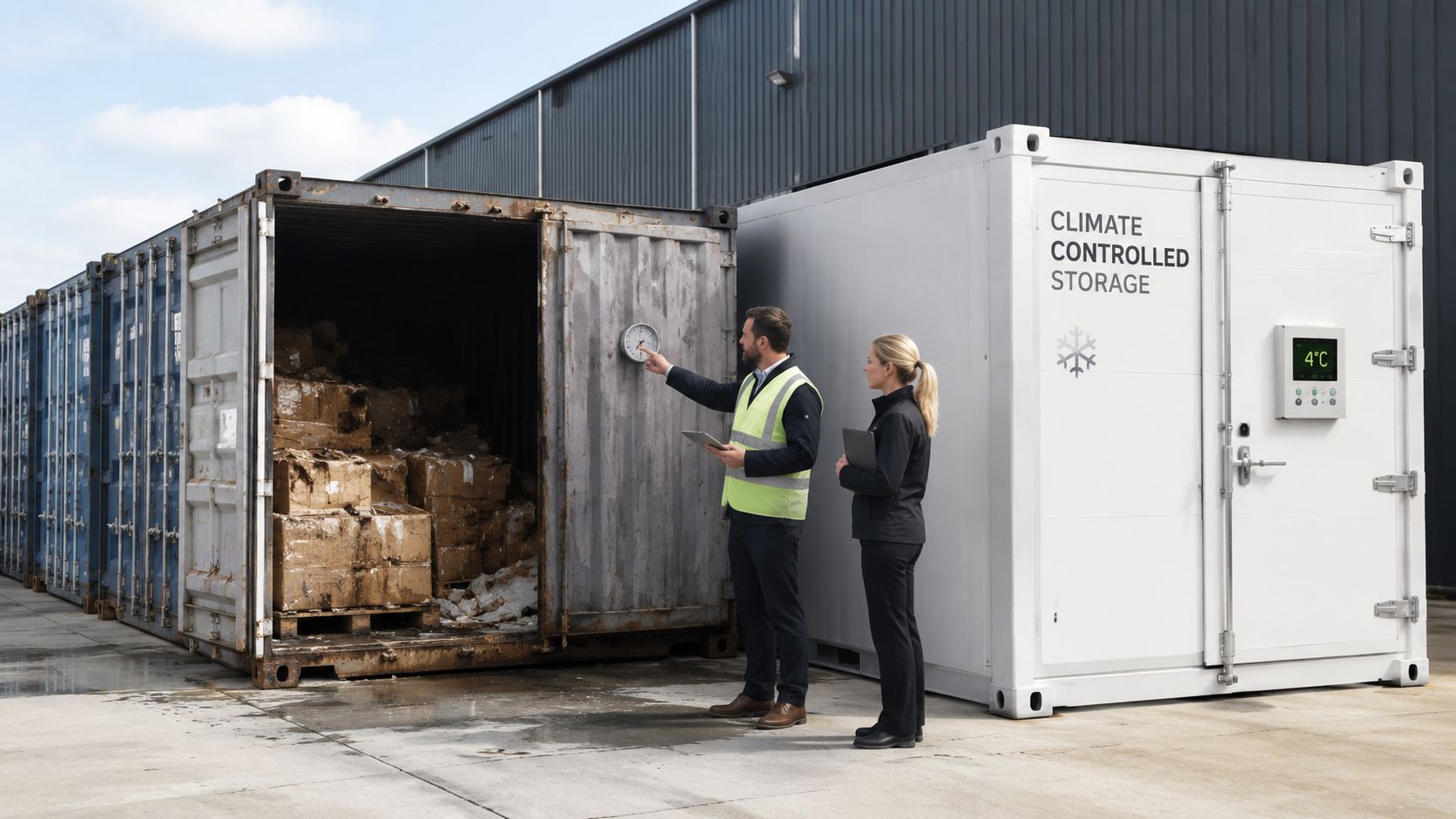 A man and woman inspect a refrigerated storage container next to an open shipping container filled with cargo.