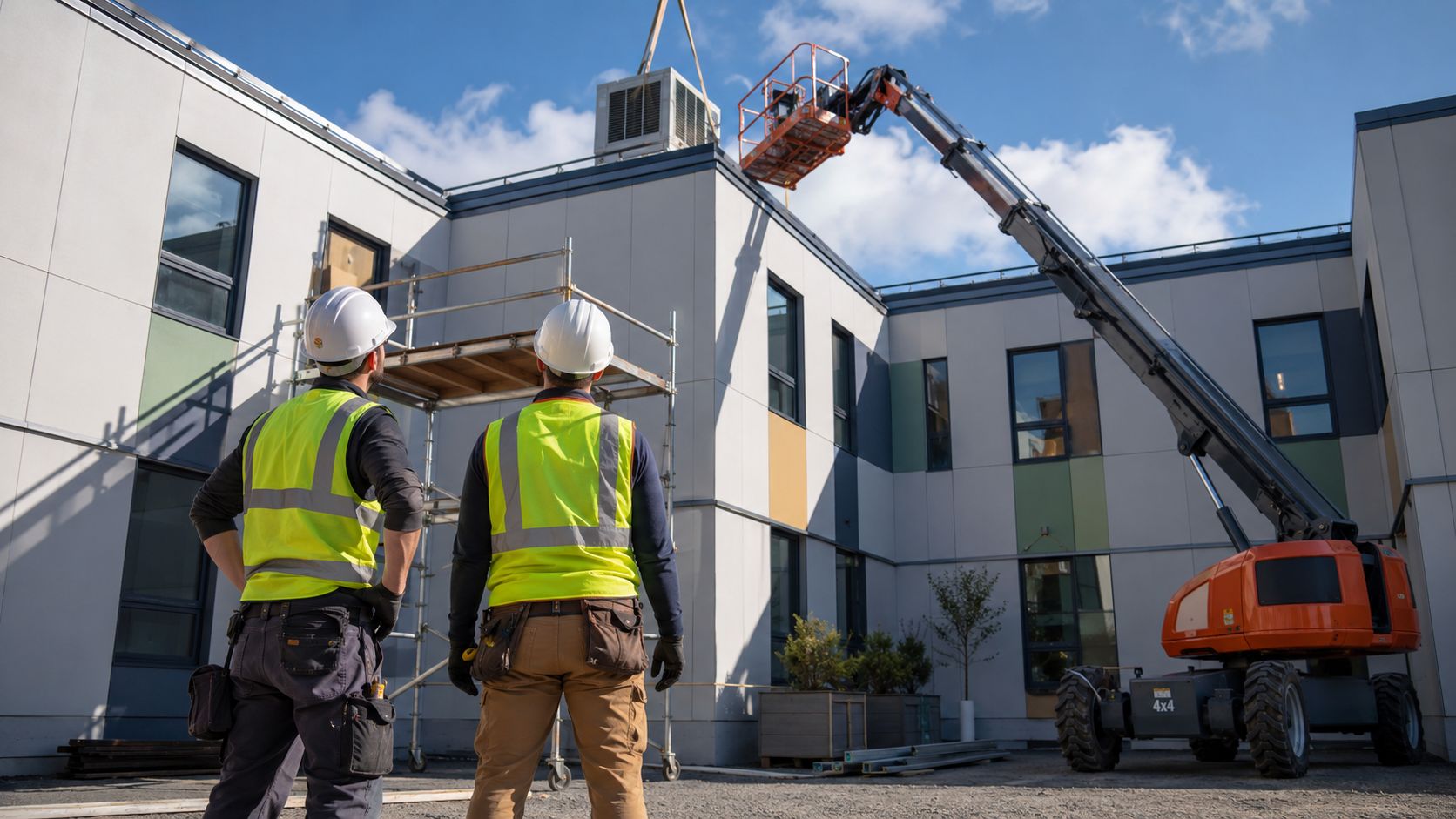 Two construction workers in high-visibility vests looking up at a crane lifting a heavy HVAC unit.