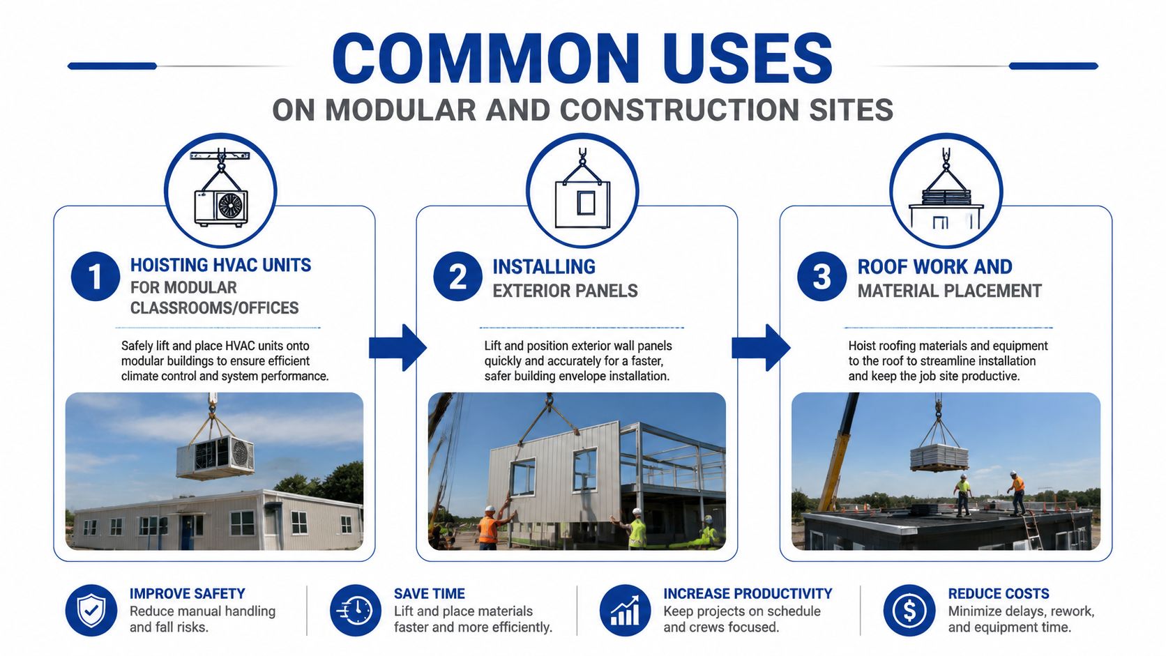 A diagram illustrating common uses of telescopic boom lifts for hoisting HVAC units, exterior panels, and construction materials.