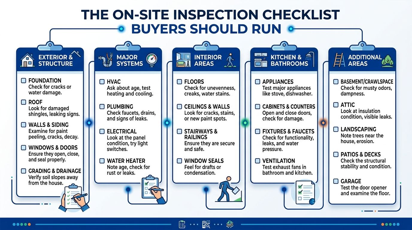 A comprehensive home inspection checklist infographic for homebuyers detailing exterior, interior, systems, and additional property areas.