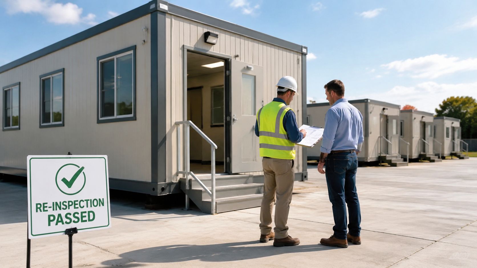 A construction inspector and a client reviewing building plans outside a portable modular office building.