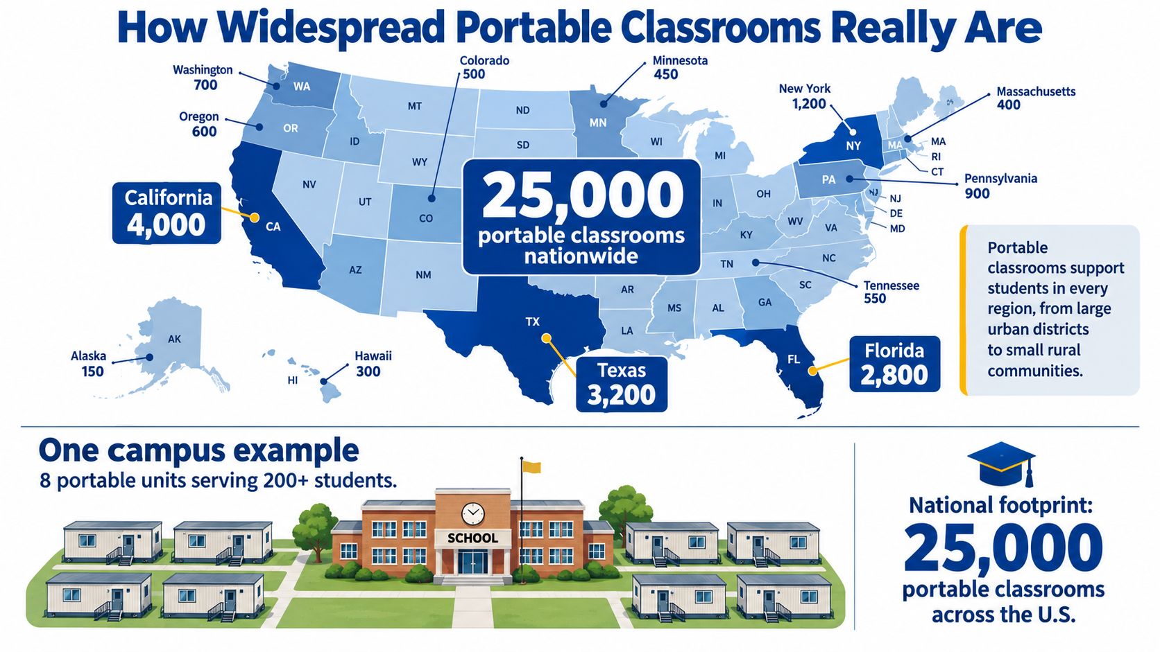 A map of the United States showing the number of portable classrooms used by students across various states.