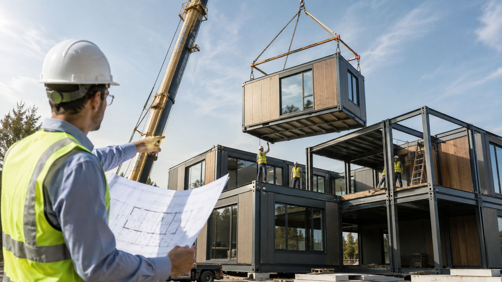 A construction supervisor points to a modular house unit being lowered by a crane onto a building structure.