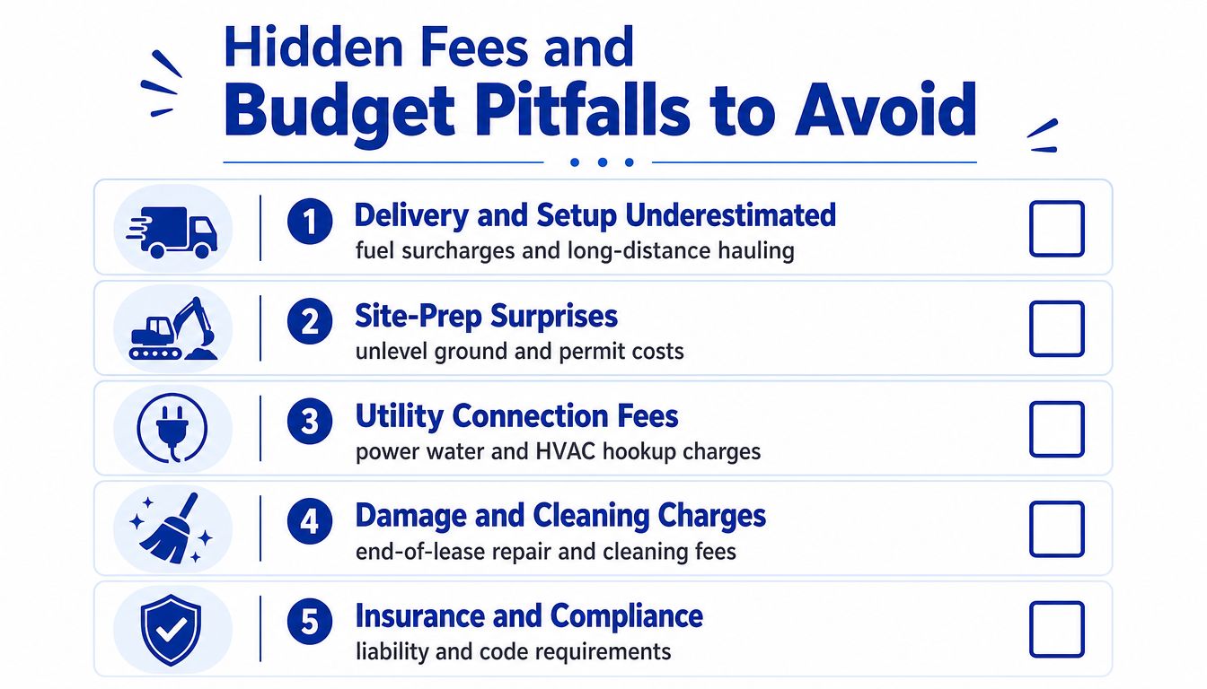 An infographic titled Hidden Fees and Budget Pitfalls to Avoid, listing five common mobile office trailer costs.