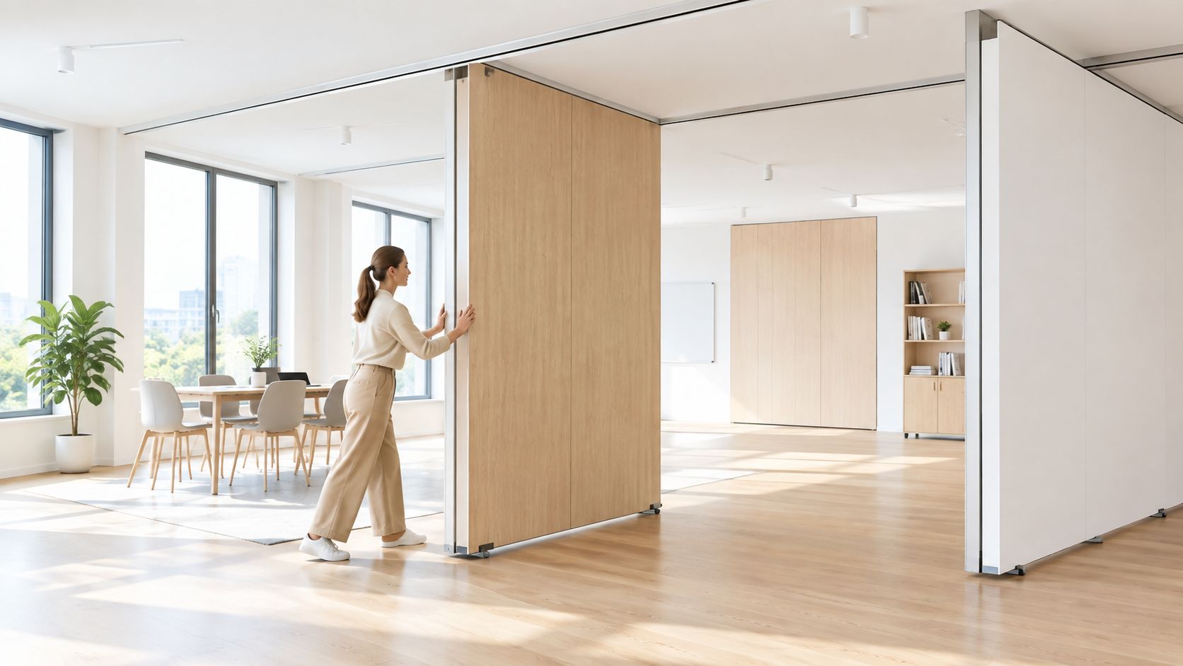 A professional woman moving a large wooden sliding partition wall to rearrange a modern office space.
