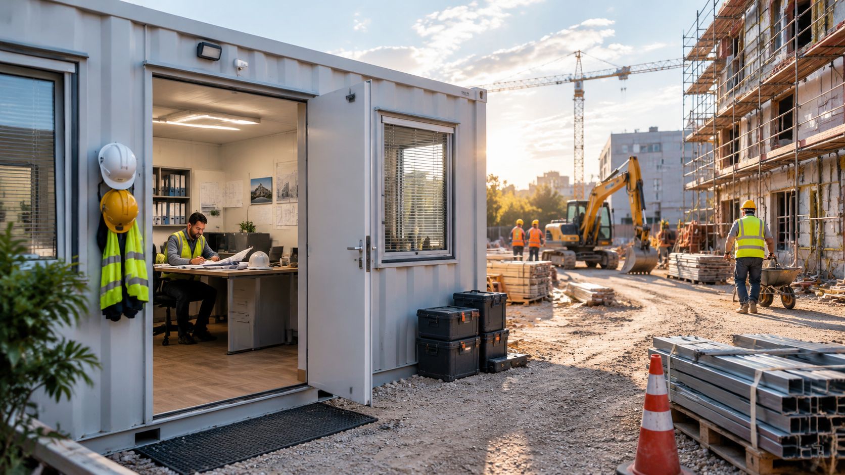 A construction site manager working inside a container office with workers and machinery visible nearby.