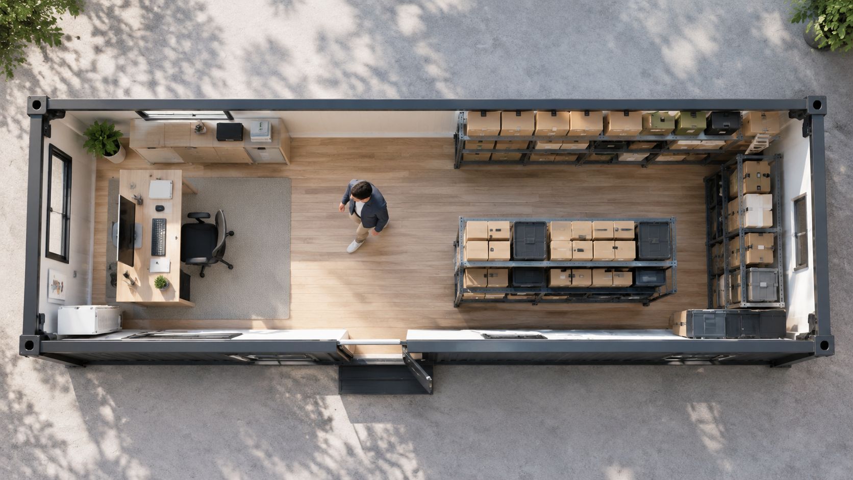An aerial view of a shipping container converted into a modern office with workspace and storage shelving.