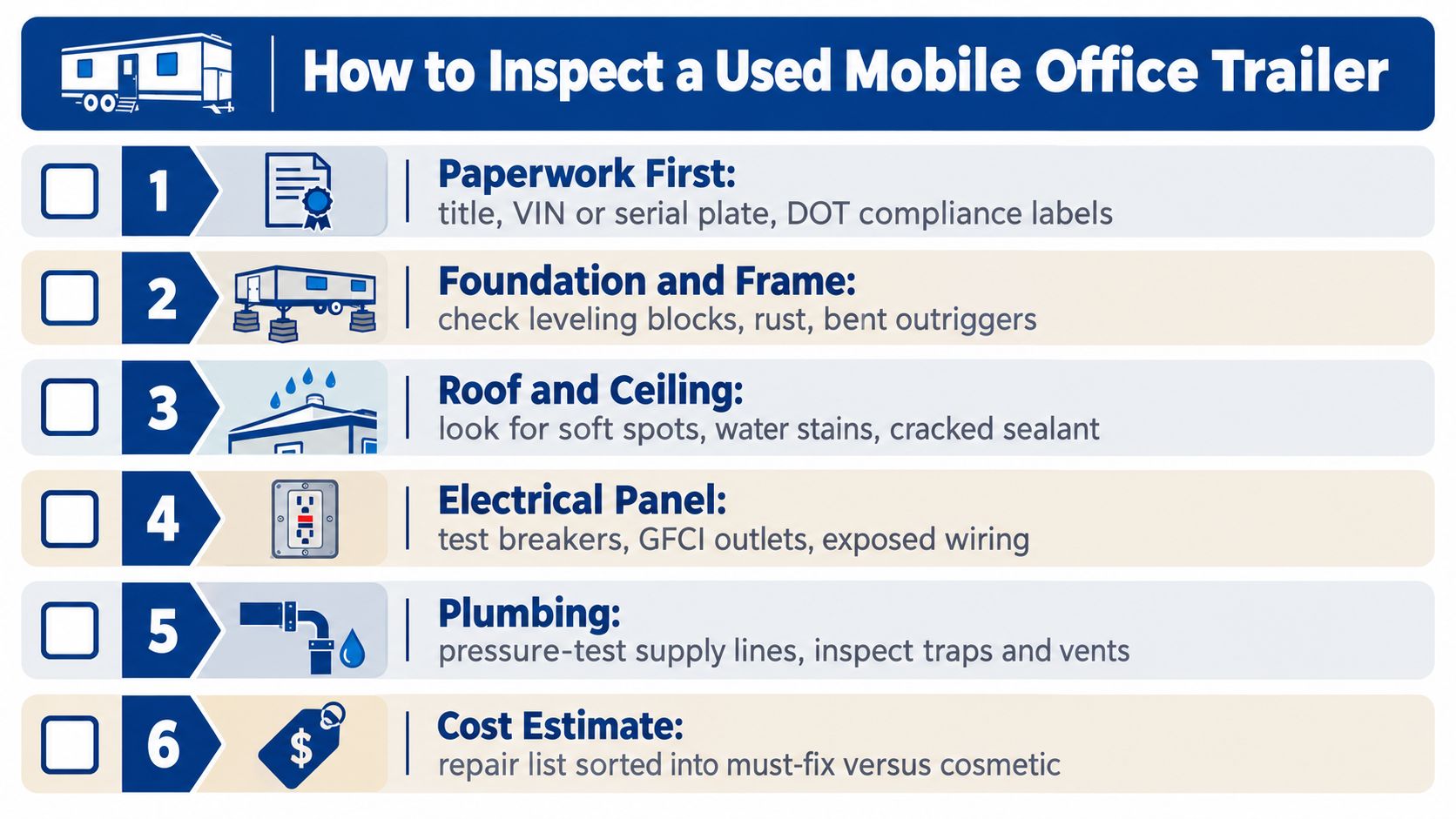 A checklist infographic titled How to Inspect a Used Mobile Office Trailer with six key steps.