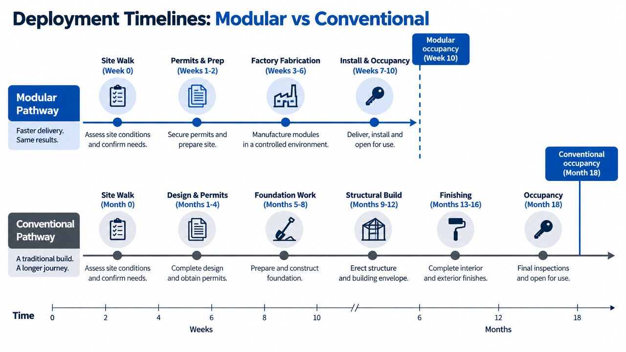 A comparison chart showing the faster modular classroom construction timeline versus a longer conventional building process.