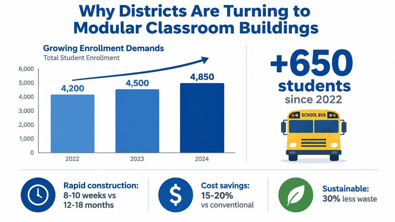 An infographic detailing benefits of modular classroom buildings due to growing student enrollment trends since 2022.