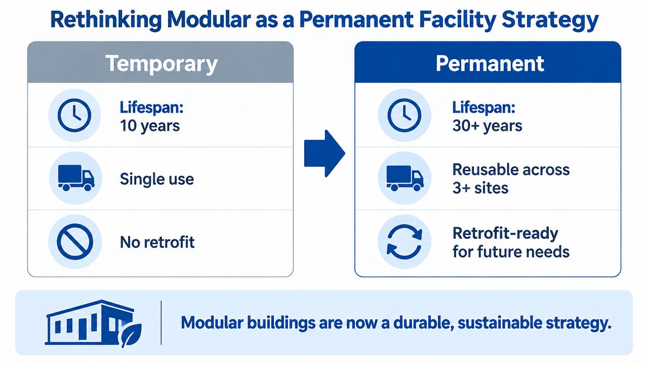 A comparison chart showing how modular buildings have evolved from temporary structures to sustainable permanent facilities.