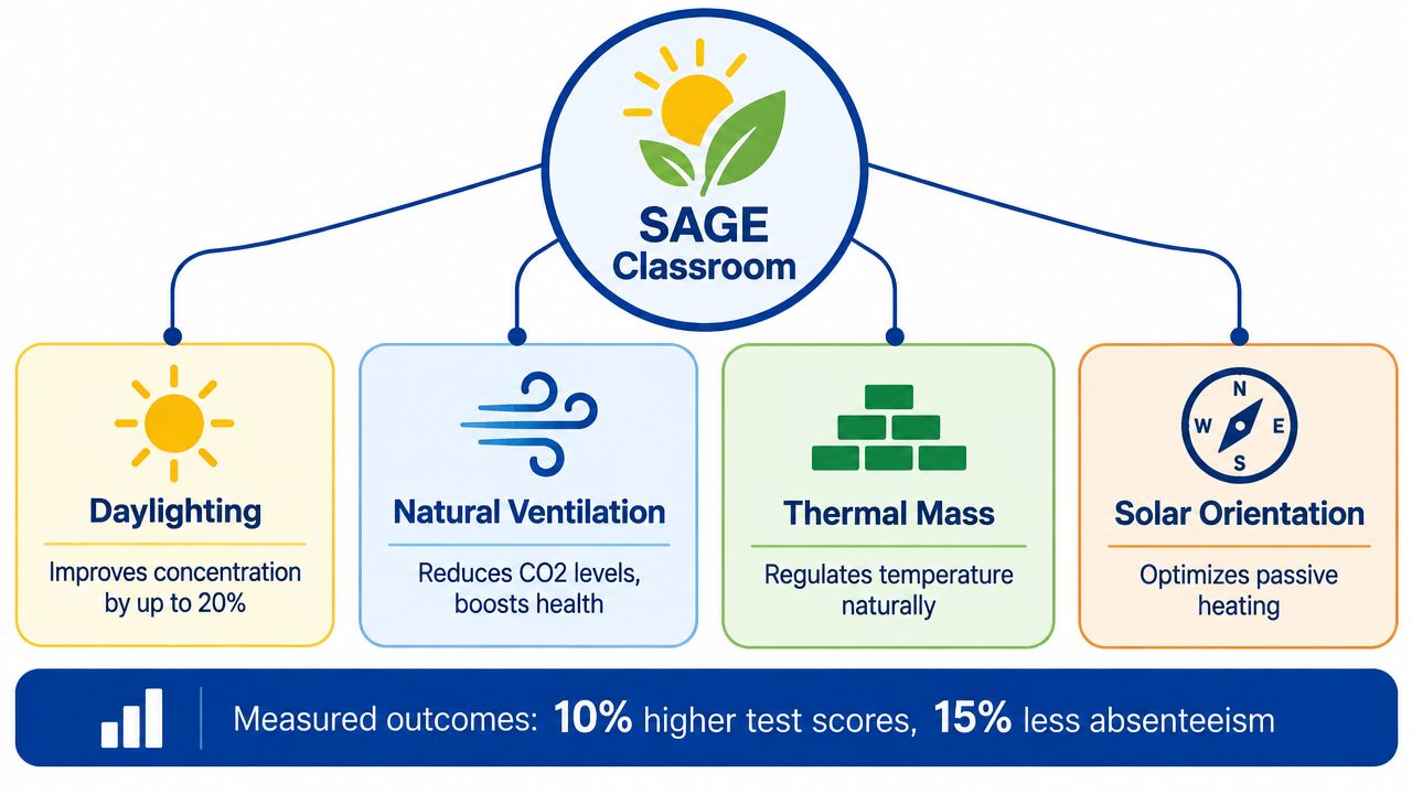 An infographic showing SAGE classroom features including daylighting, natural ventilation, thermal mass, and optimized solar orientation.