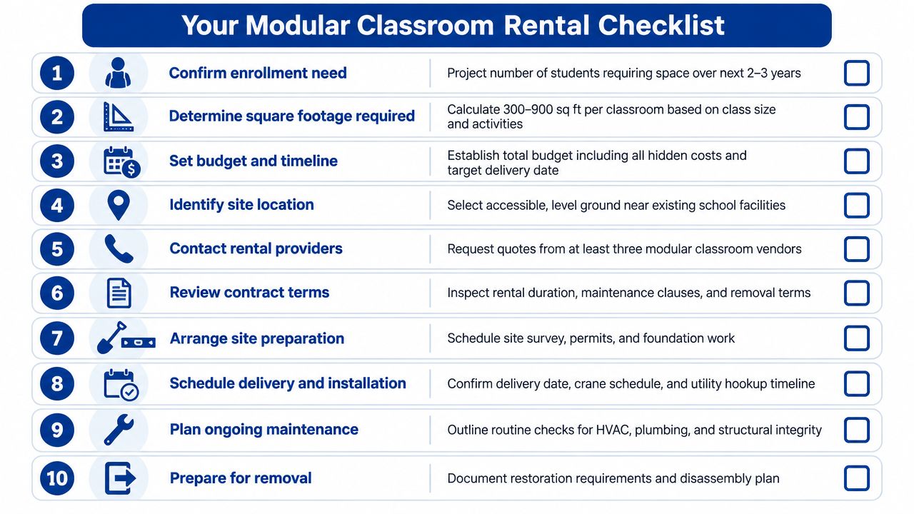 A ten-step checklist for renting modular classrooms, outlining key planning, installation, maintenance, and removal procedures.