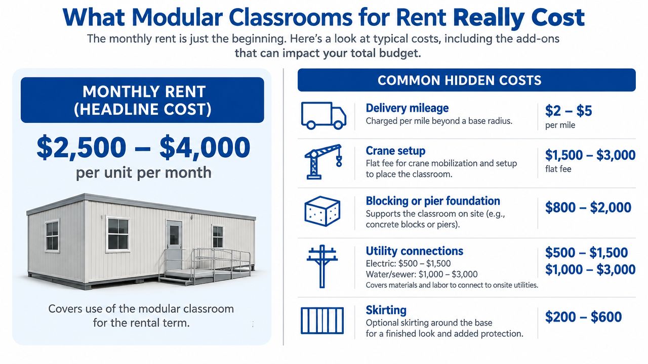 A chart showing typical monthly rental and hidden setup costs for renting modular school classrooms.