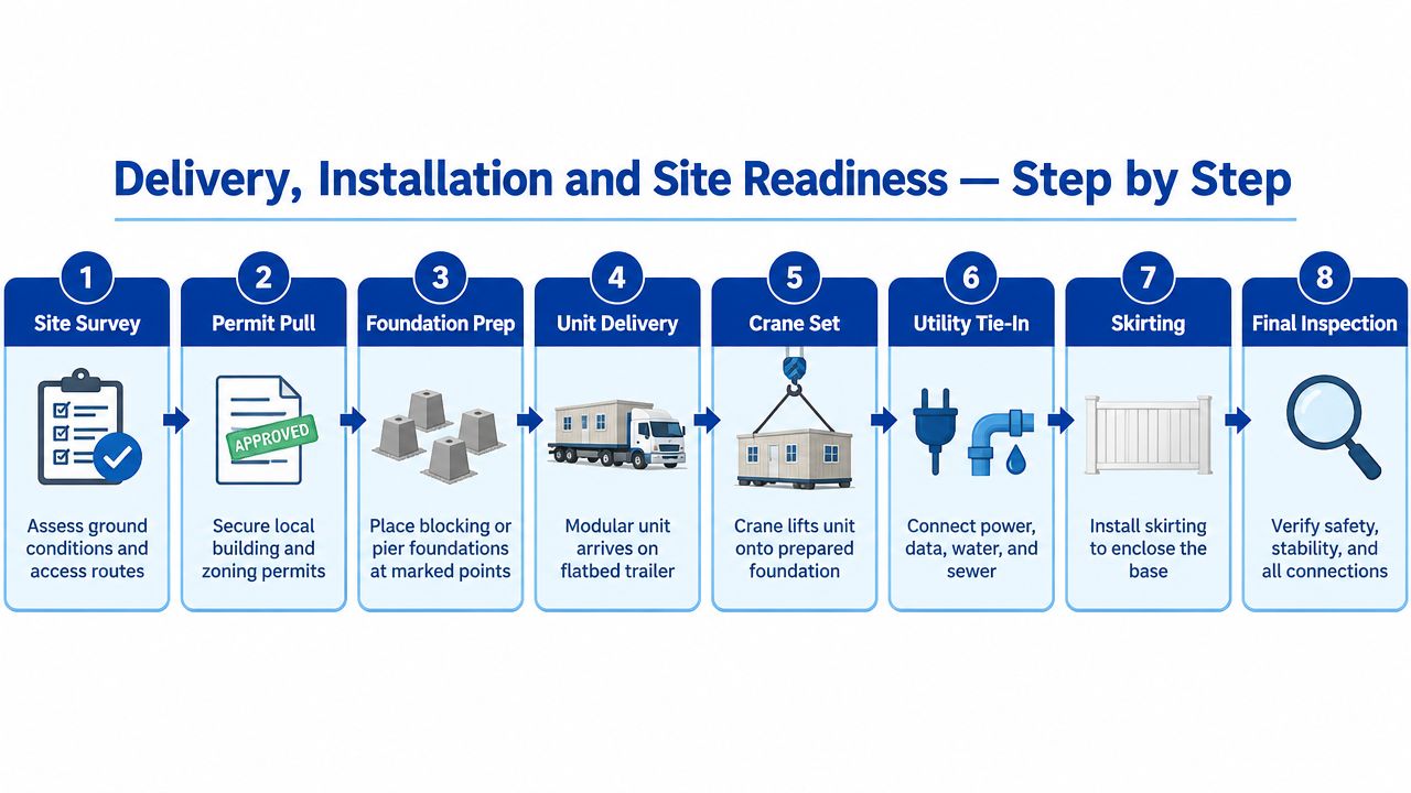 An eight-step infographic illustrating the professional process for delivery, installation, and site preparation of modular buildings.