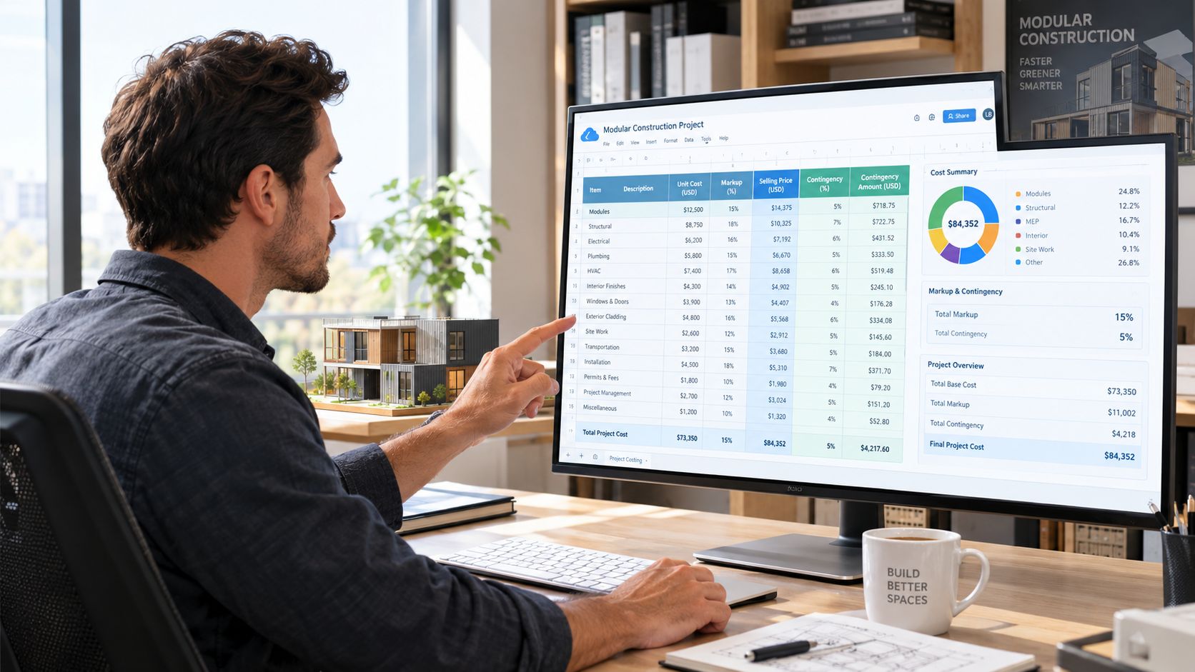 A professional analyzing a modular construction project budget and cost analysis on a large computer monitor.