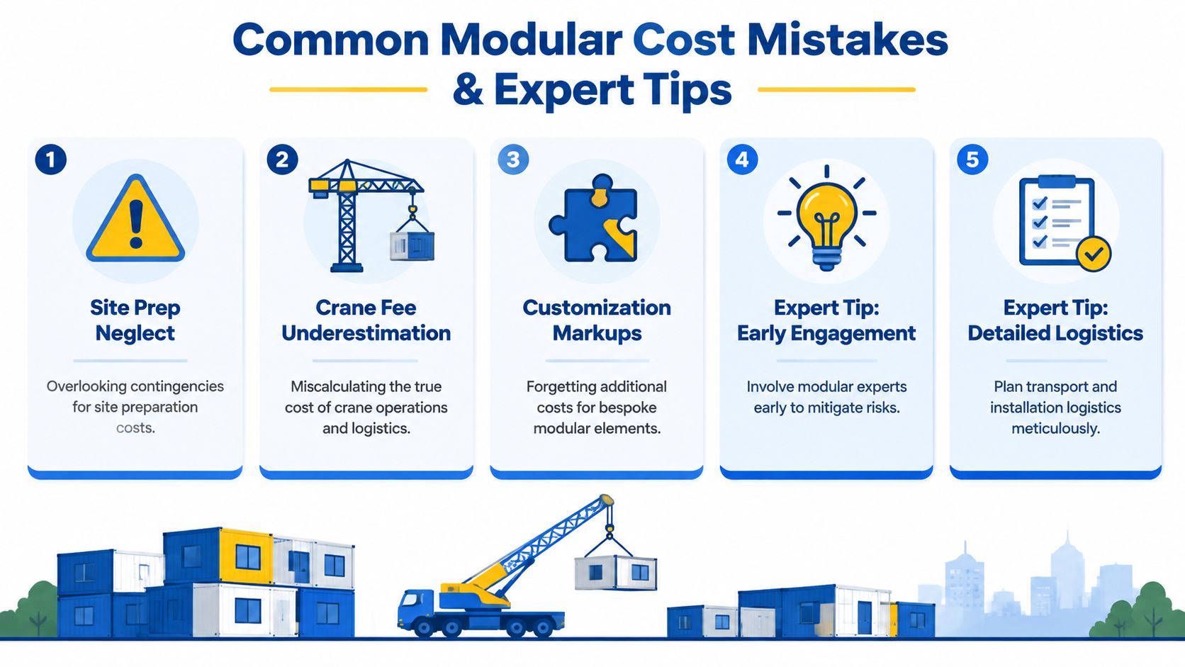 An infographic titled Common Modular Cost Mistakes and Expert Tips featuring five key considerations for modular construction projects.