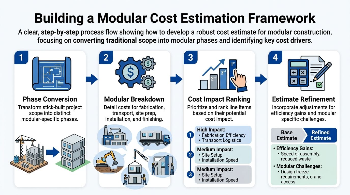 A process diagram illustrating four steps for developing a modular construction cost estimation framework for building projects.