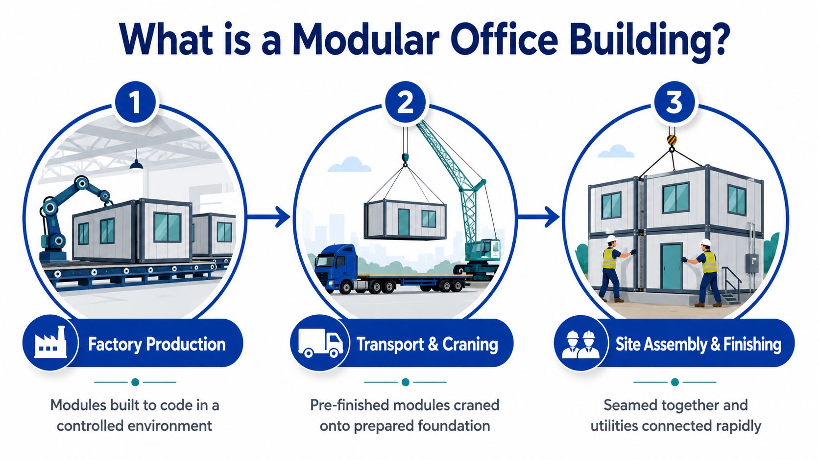 A three-step infographic showing the process of factory production, transportation, and onsite assembly of modular office buildings.