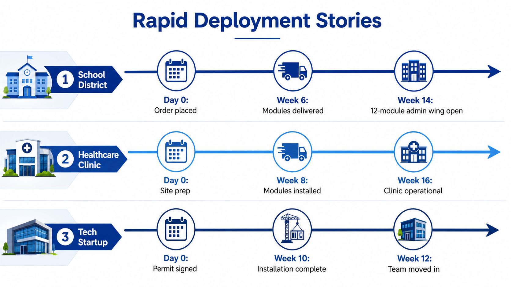 A timeline graphic showing the rapid deployment process for school, healthcare, and tech startup modular office projects.