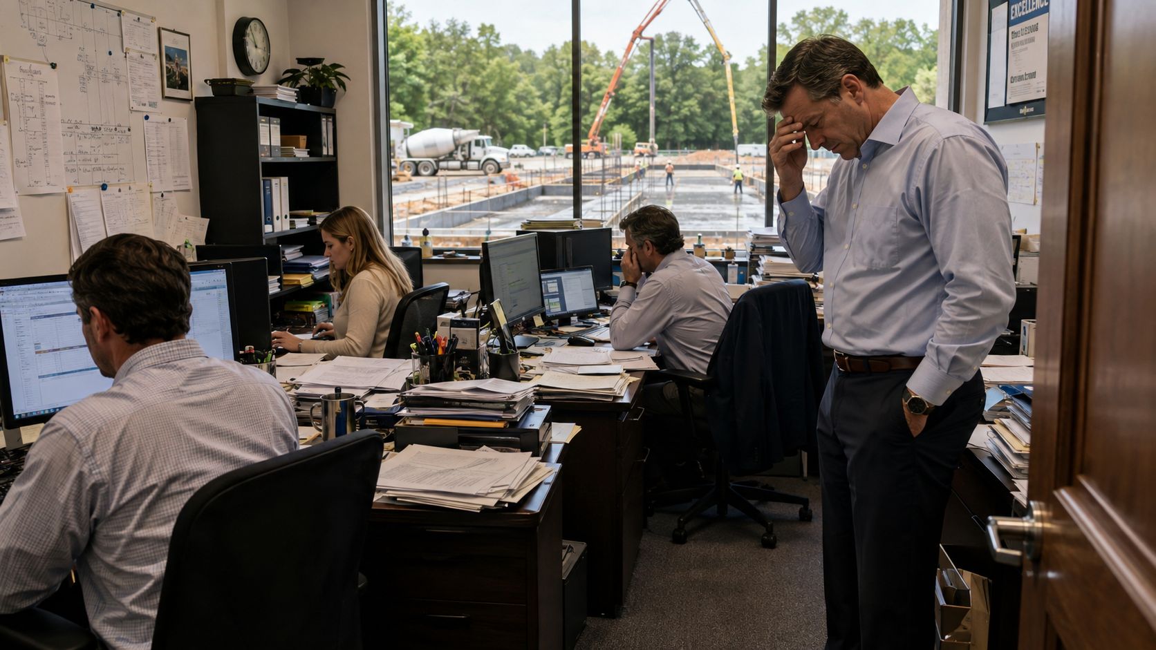 A professional construction office scene with staff working at desks and a stressed manager standing nearby.