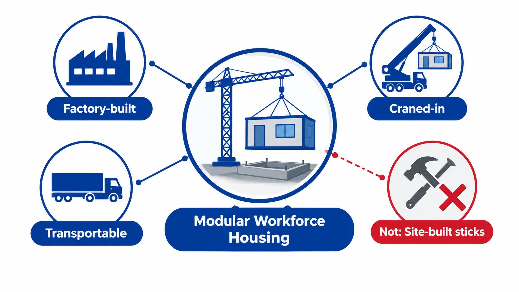 A diagram illustrating the benefits and process of modular workforce housing compared to traditional construction methods.