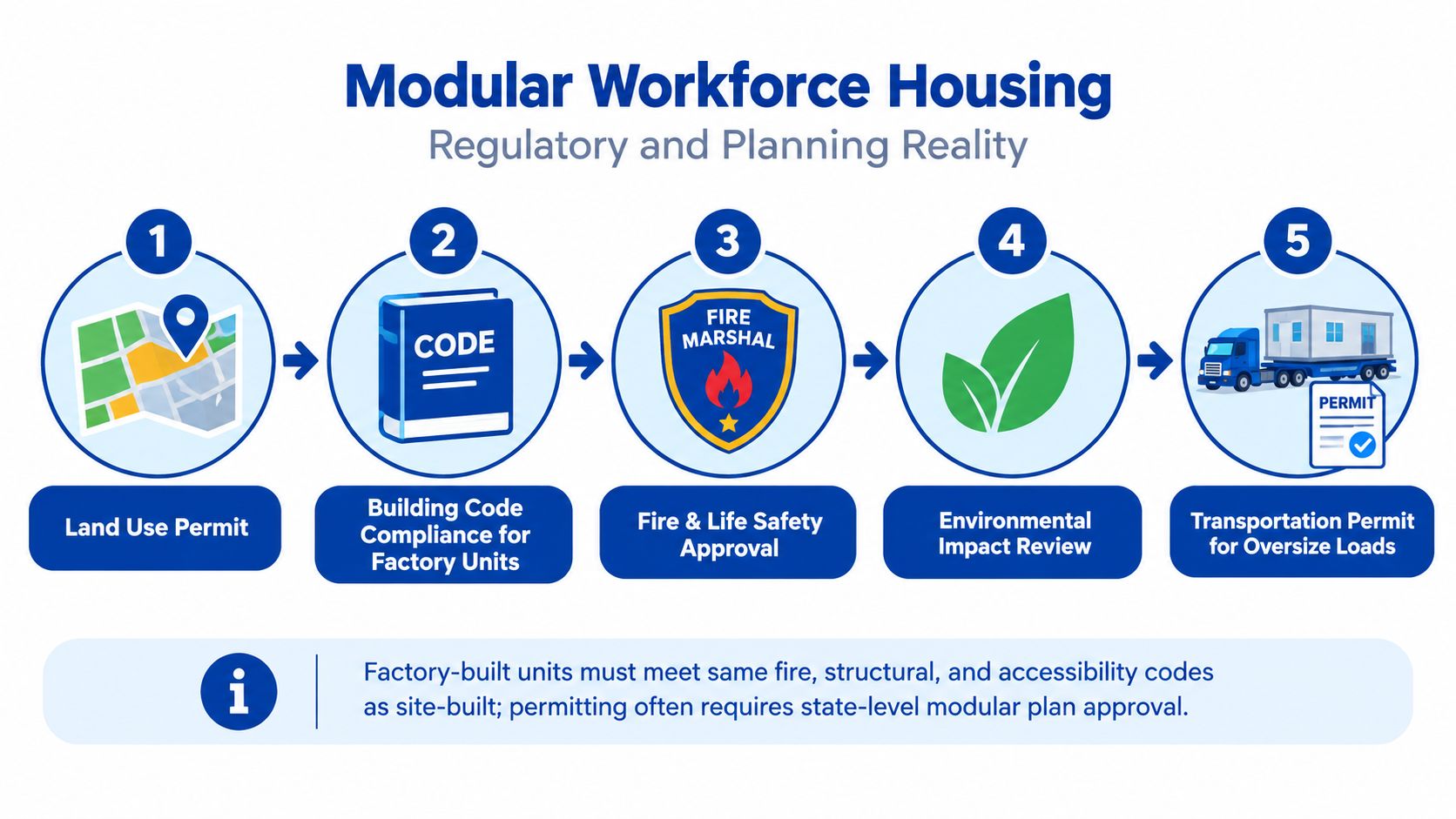 A five-step infographic showing the regulatory and planning process for building modular workforce housing units.