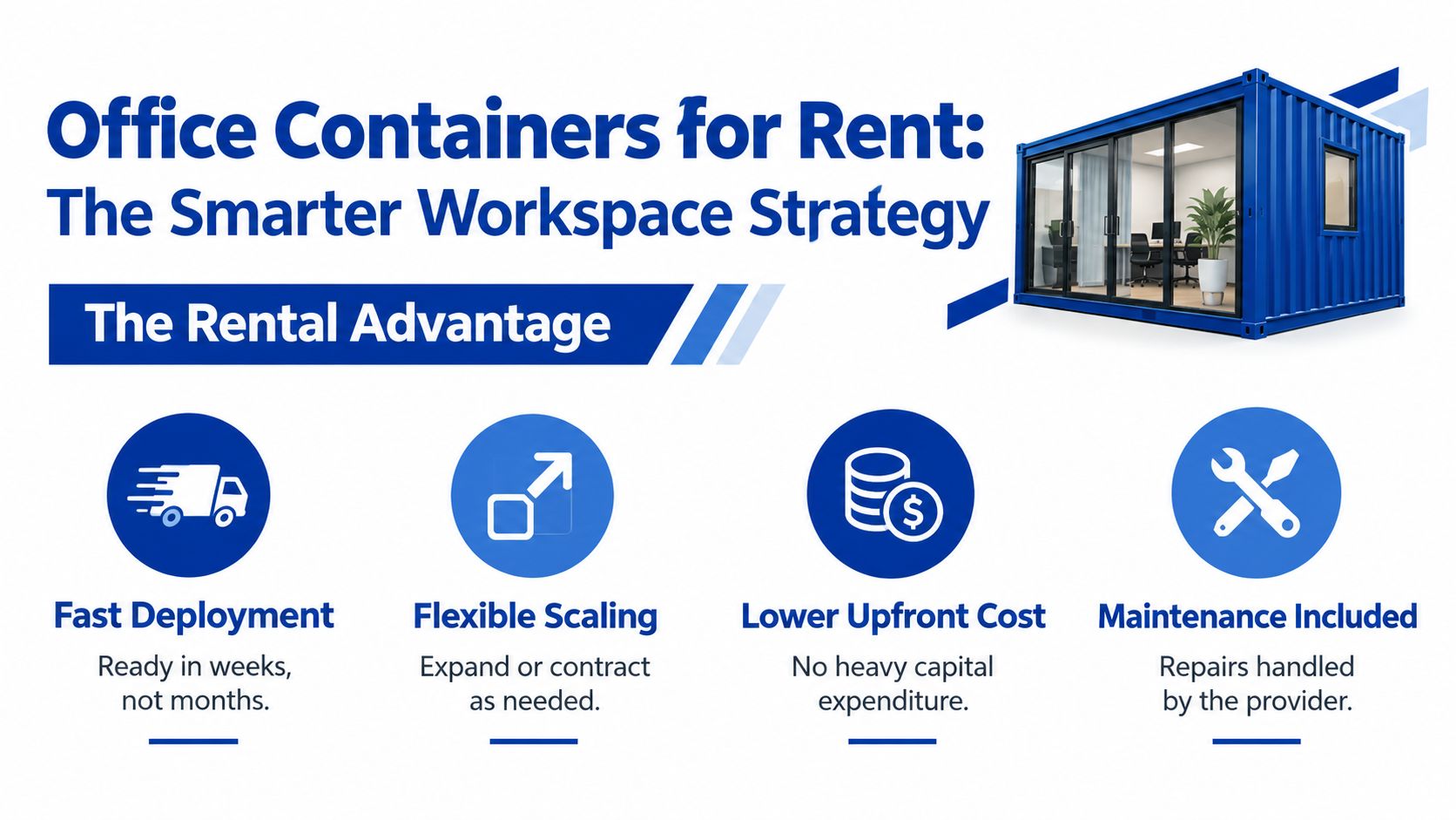 A marketing graphic promoting office containers for rent featuring benefits like fast deployment and lower costs.