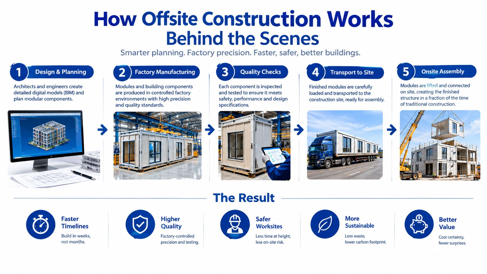 A step-by-step infographic illustrating how offsite construction works from design planning to final assembly onsite.