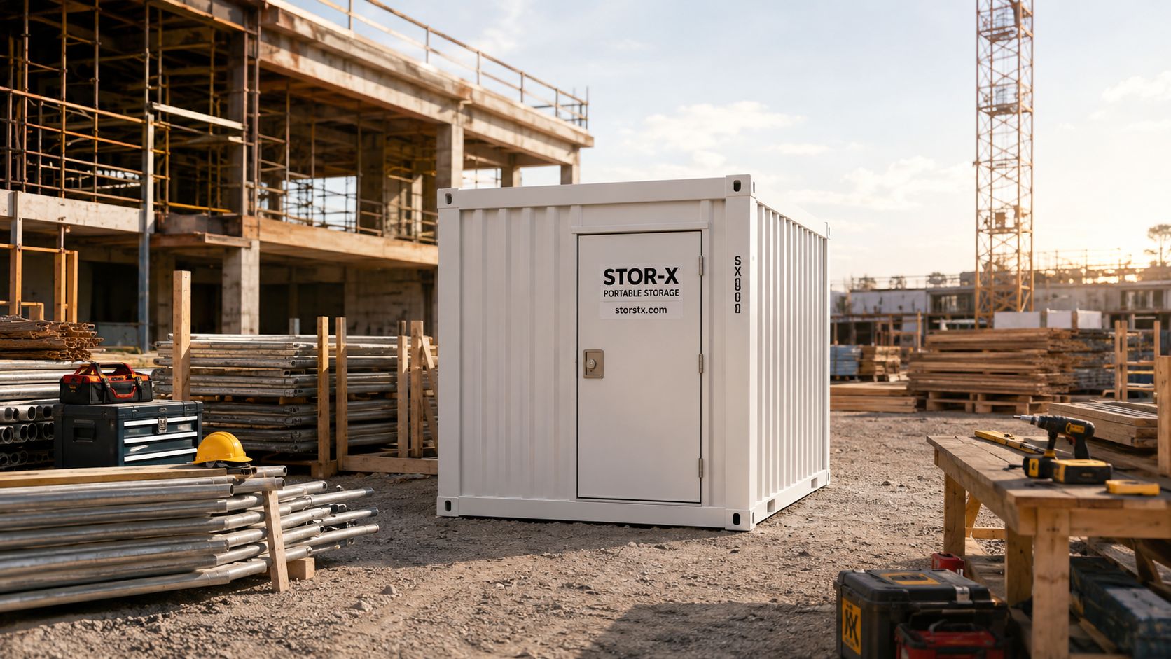A white portable storage container sits on a construction site with building materials and tools nearby.
