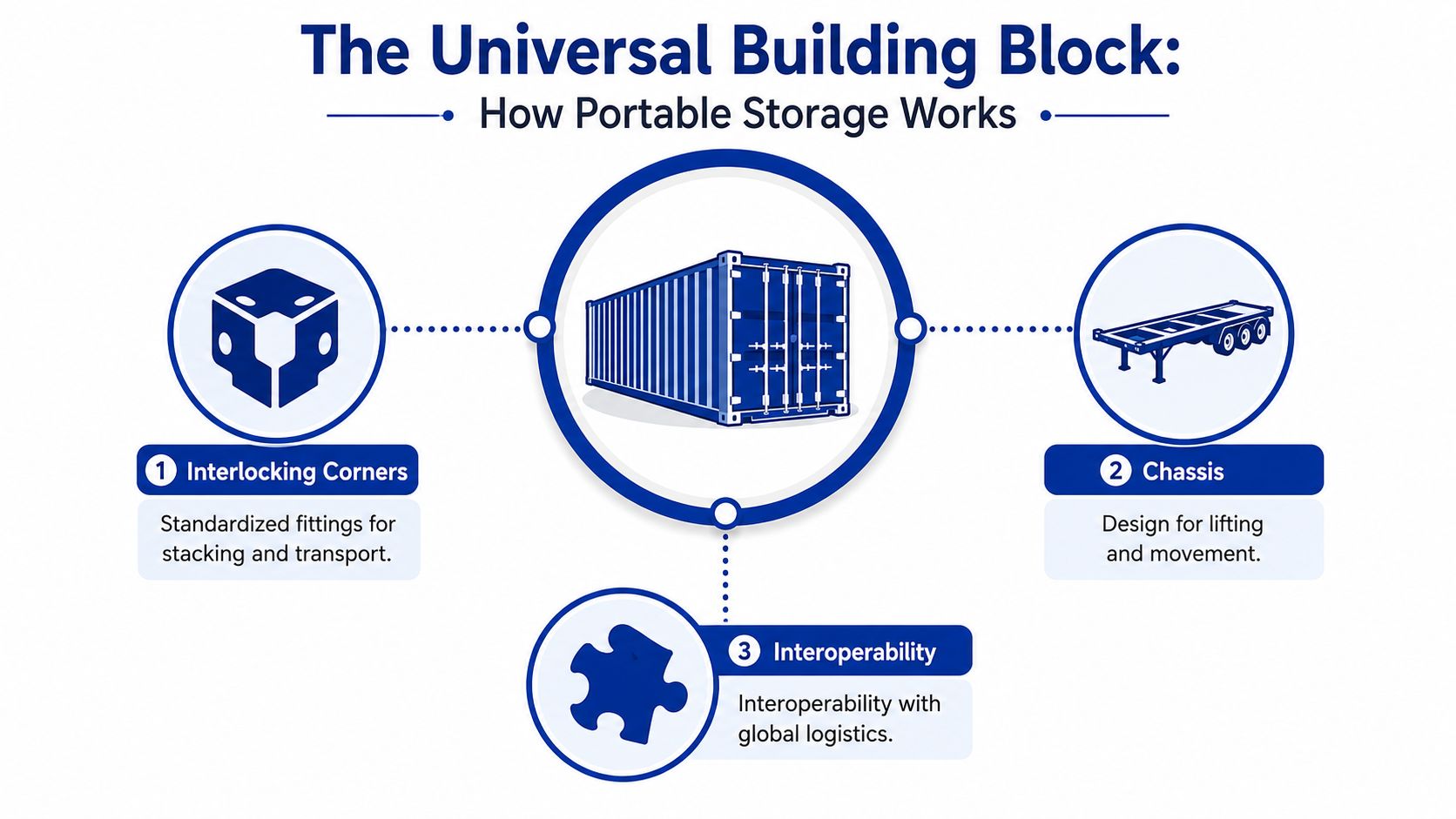 An infographic titled The Universal Building Block explaining the key components of portable storage container logistics systems.