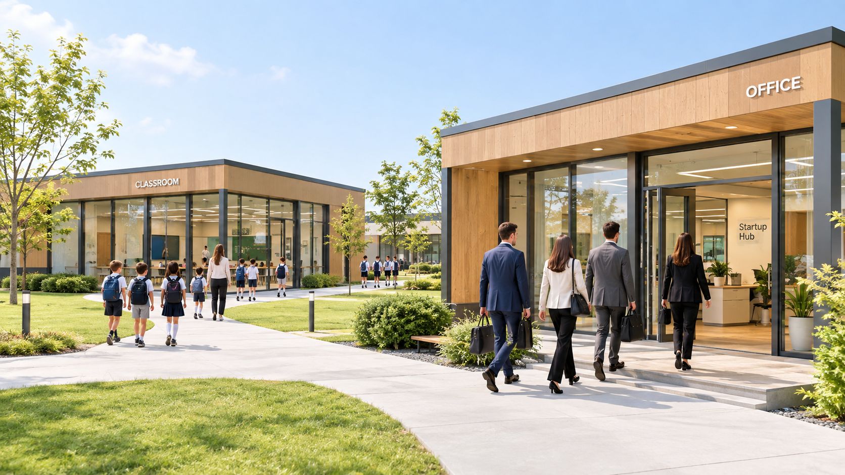 A modern campus landscape featuring a classroom building and an office building with students and professionals walking.
