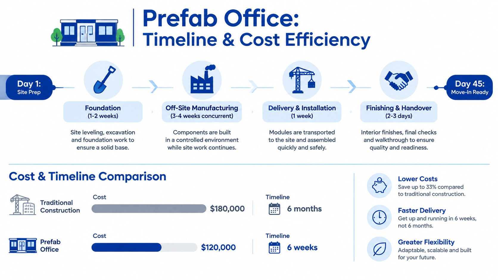 An infographic illustrating the efficient timeline and cost savings of choosing a prefab office building.
