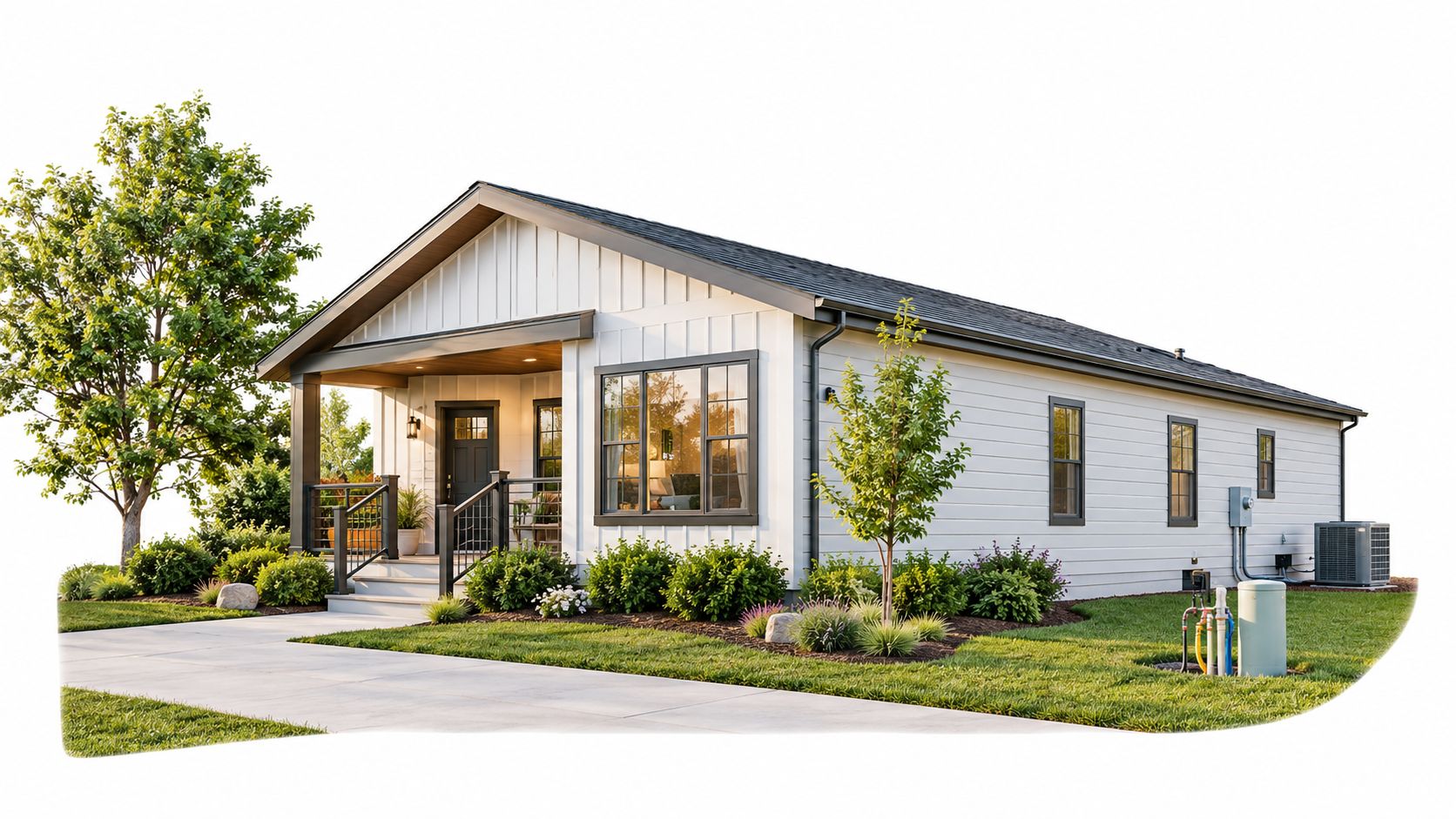 A modern white prefab modular home with a front porch, surrounding landscaping, and a driveway.