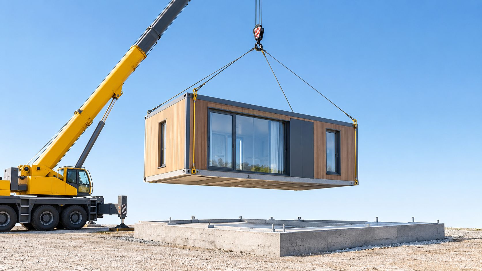 A yellow mobile crane lifts a modern modular prefab home unit above a concrete foundation base.