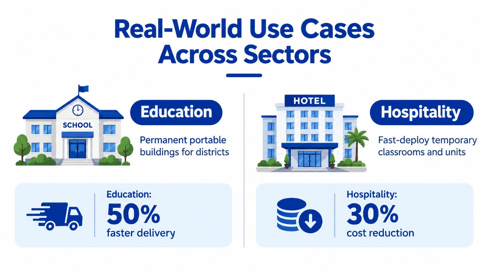 An infographic illustrating real-world use cases of modular buildings in the education and hospitality sectors.