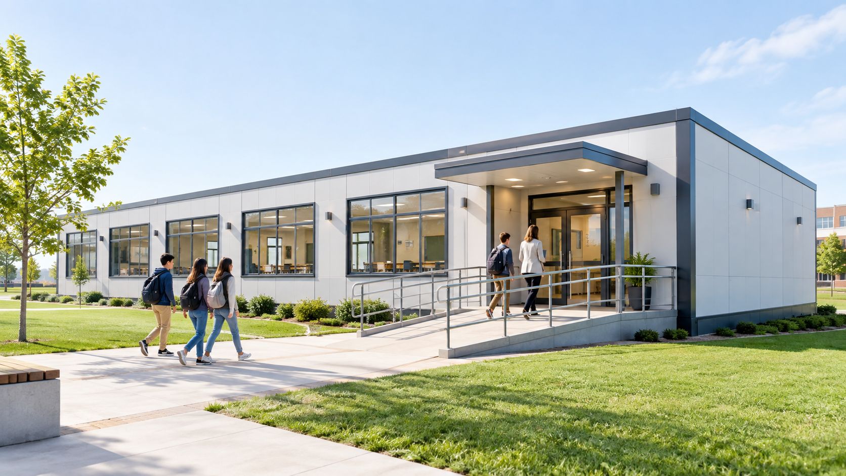 Students walking towards the entrance of a modern, white, single-story relocatable building on a sunny campus.