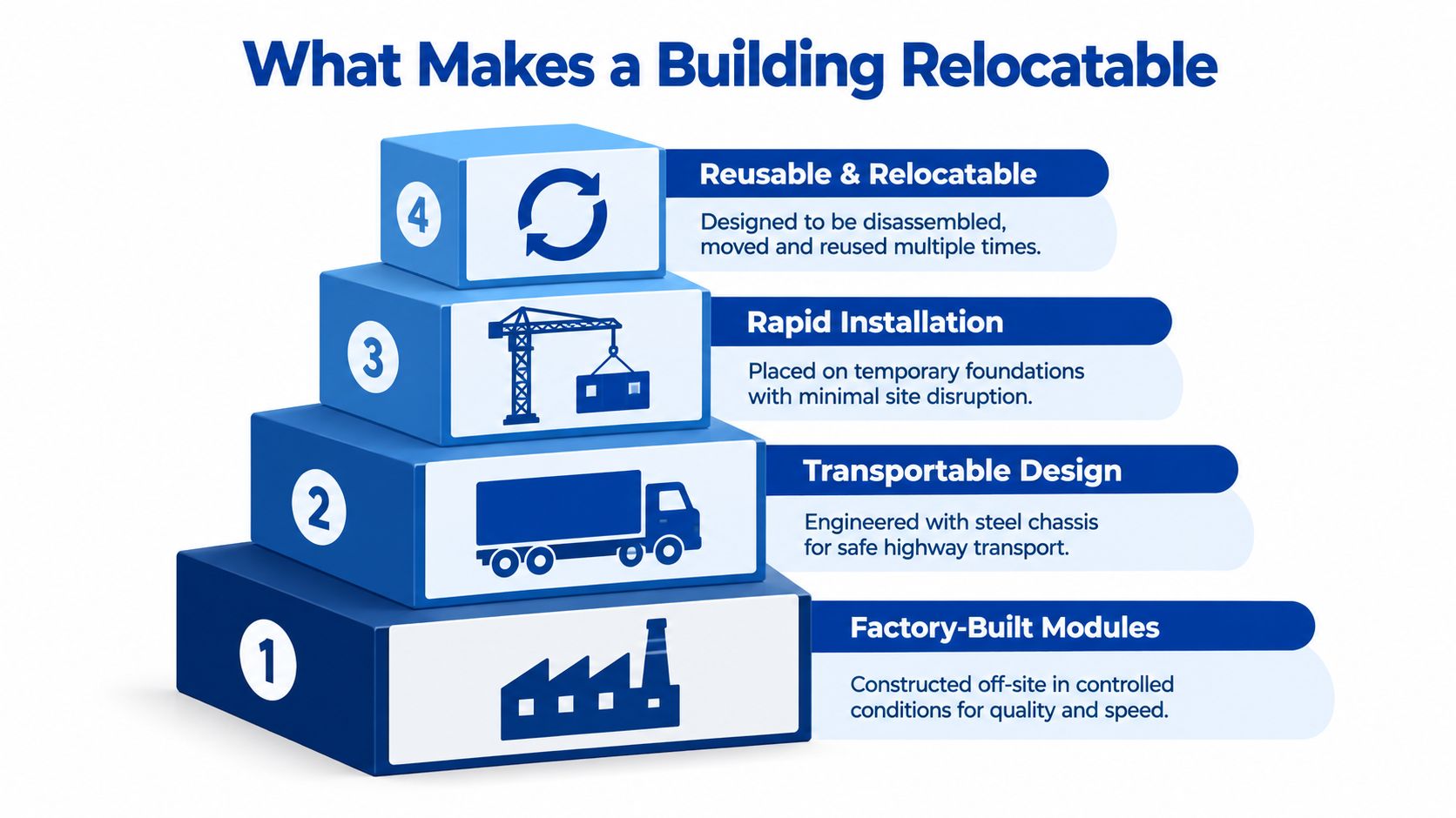 A four-step infographic illustrating the key features that make a building relocatable, including modular construction.