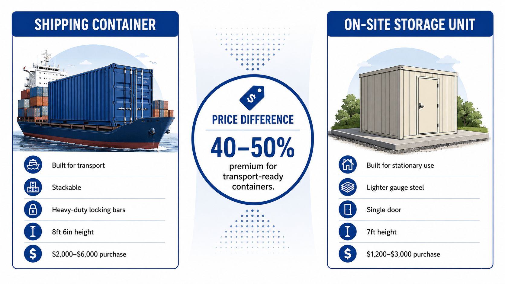 A comparison infographic between shipping containers and on-site storage units showing their features and price differences.