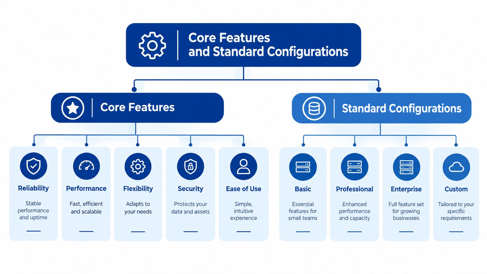 A diagram illustrating core features and standard configurations for a software or storage service offering.