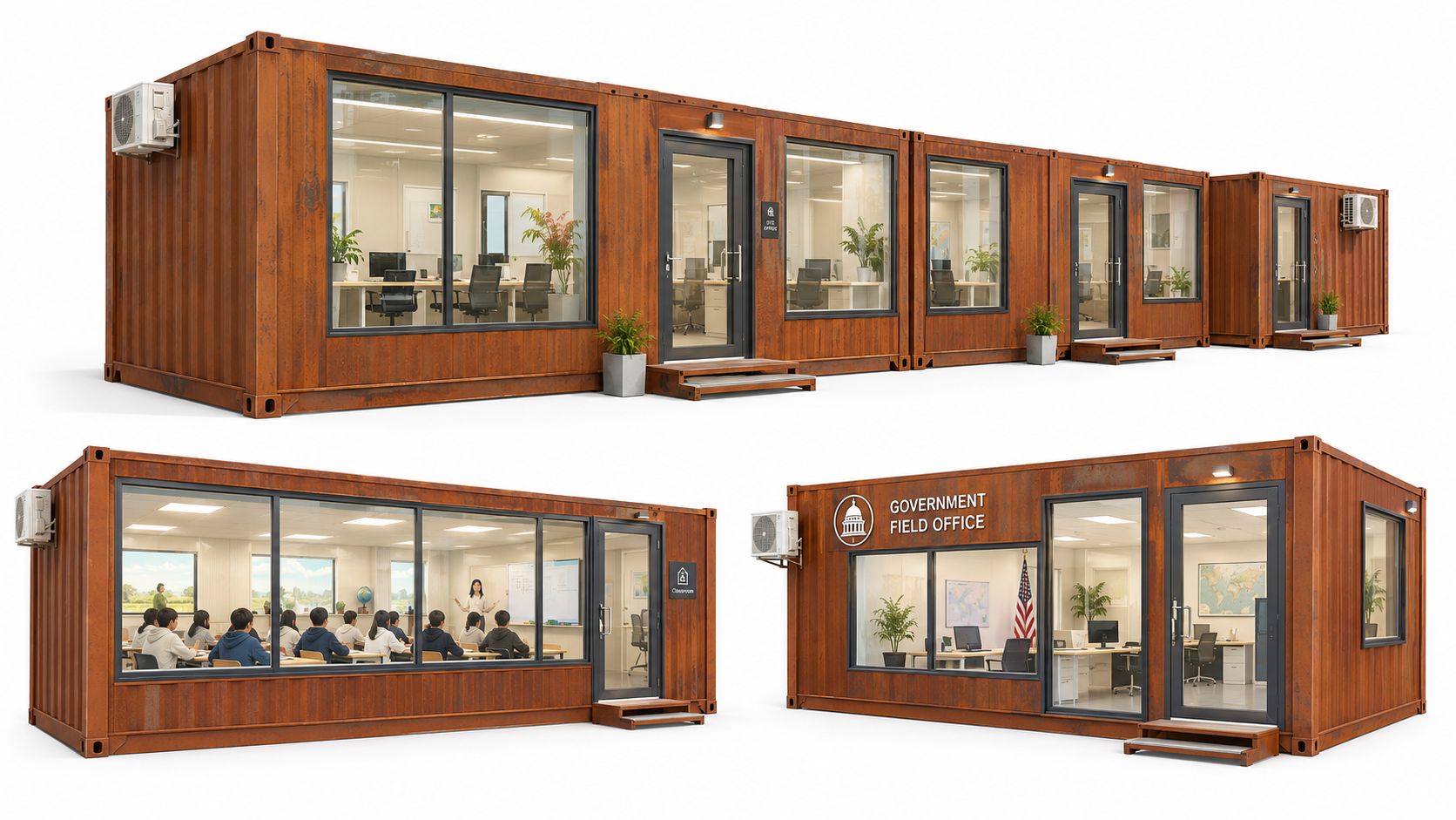 Three different perspectives of rusty modular container buildings featuring office spaces and a classroom setup.