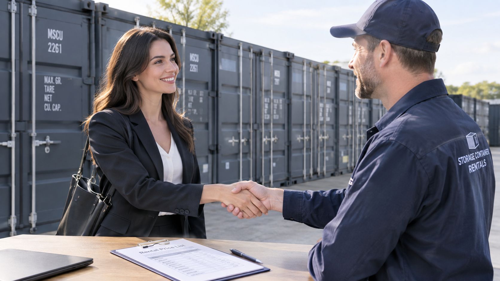 A professional woman in a business suit shakes hands with a worker in front of storage containers.
