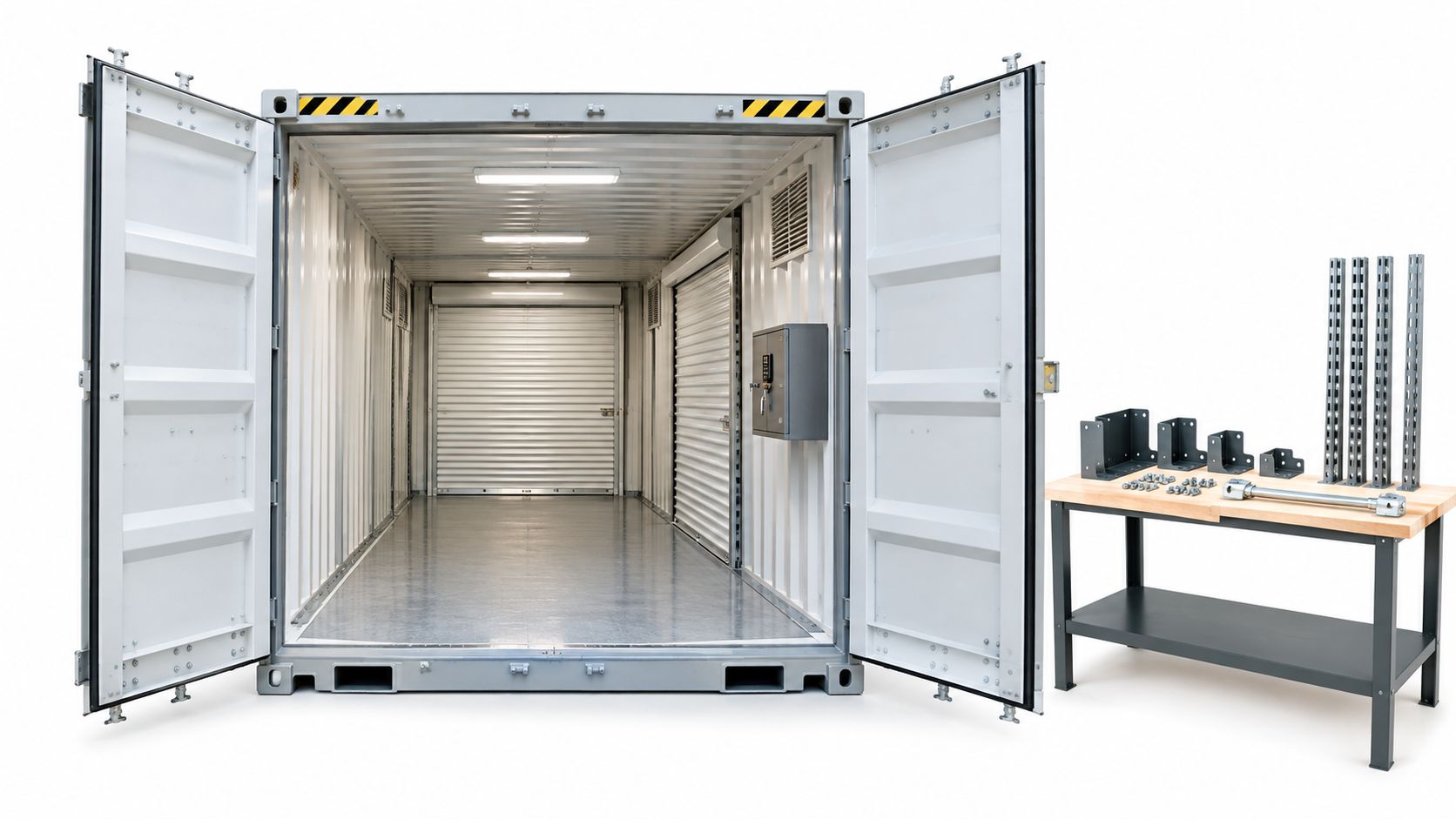 An open storage container showing interior shelving components and lighting beside a workbench on a white background.