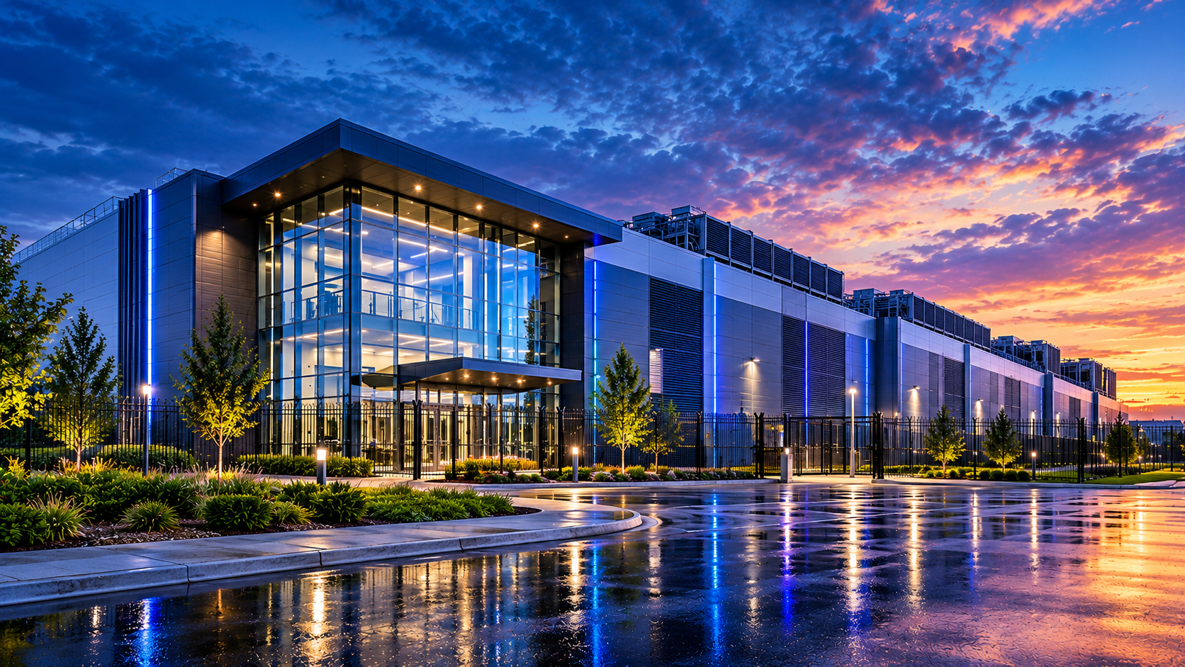Modern modular data center campus building illuminated at sunset.