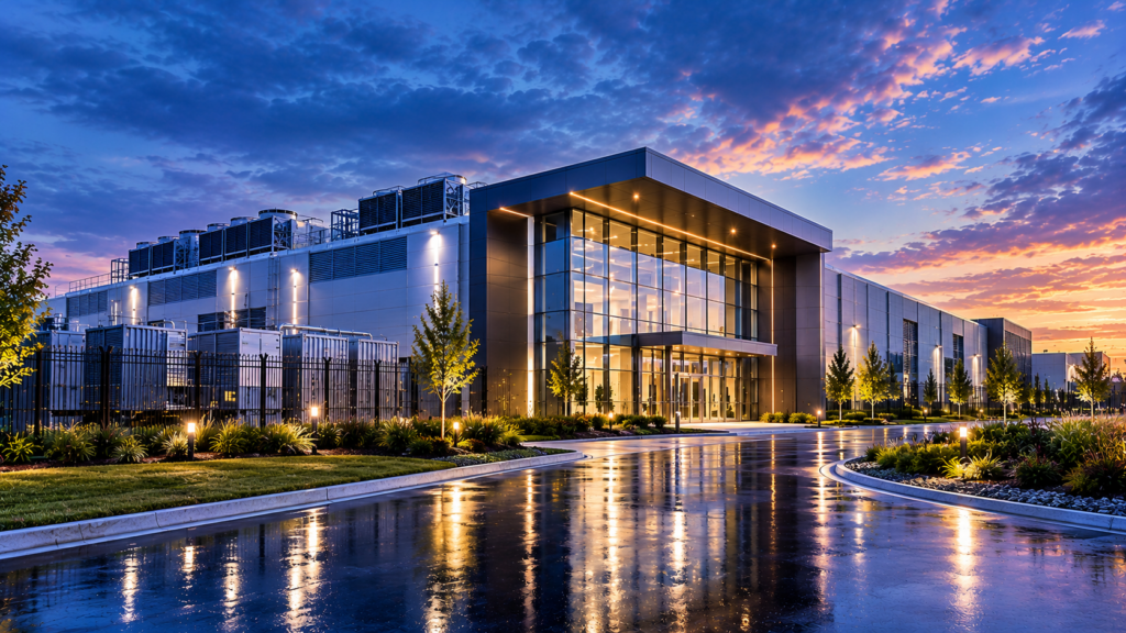 Modern modular data center facility at twilight showcasing Pacific Mobile Structures solutions.