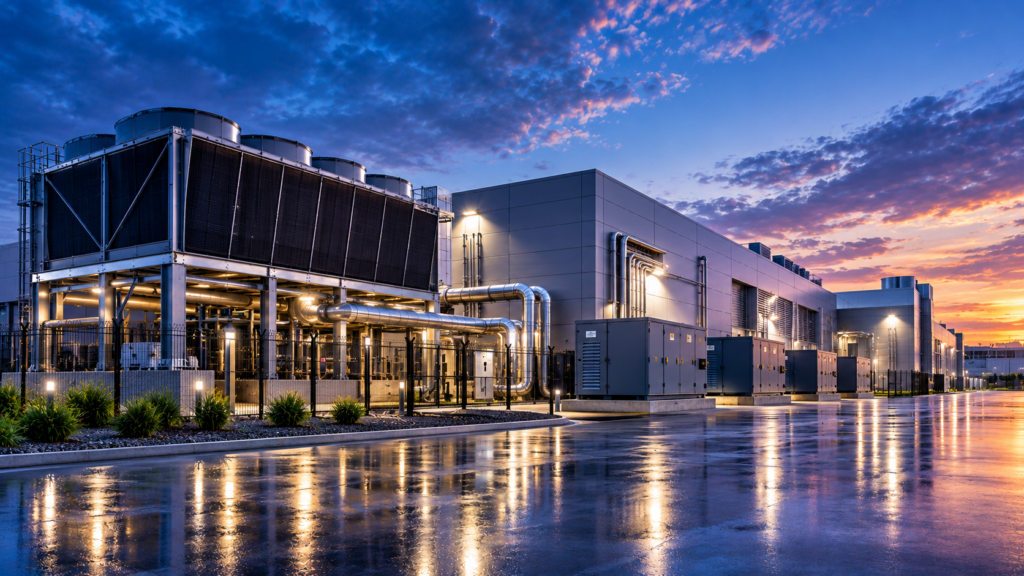 Twilight view of a modern data center campus infrastructure with cooling units and exterior piping.
